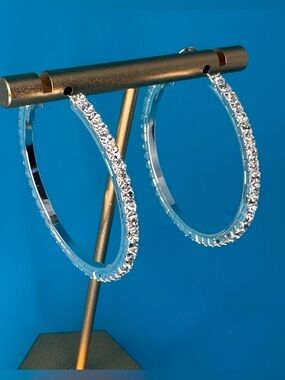 Silver Rhinestone Hoop Earrings Large Statement Sparkle Glam
